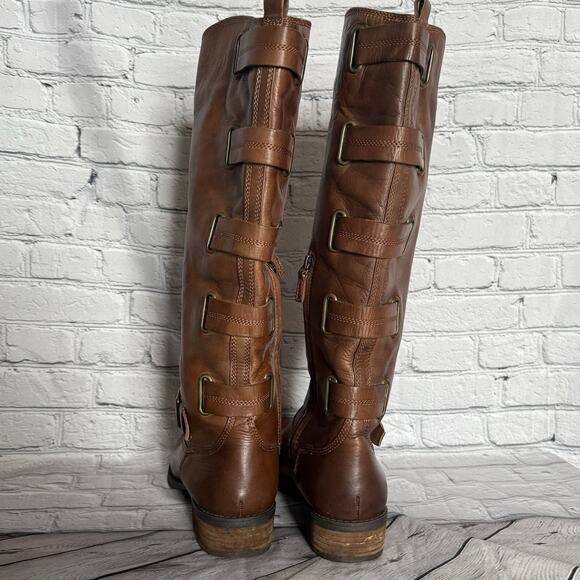 ARTURO CHIANG Brown Leather Tall Heeled Boots Riding Size 9 Stacked Heel - Picture 3 of 11